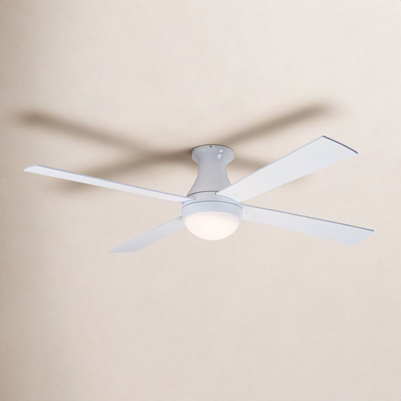 52" Ball Flush Mount Ceiling Fan With LED Light, Gloss White, Fan Speed and Light Control (3-wire), White
