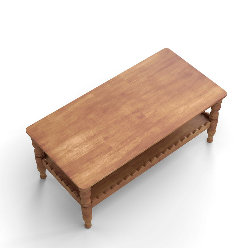 Solid Wood Coffee Table with Two-Tier Storage and Wave-Edge Shelf
