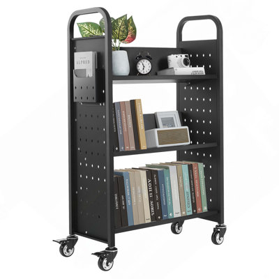 3-Tier Rolling Book Cart Single Sided Shelves Book Truck in Black