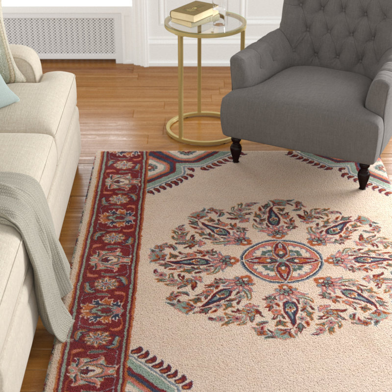 Tapis traditionnel en laine touffeté à la main à motif floral crème, rouge et bleu Venegas Authentic