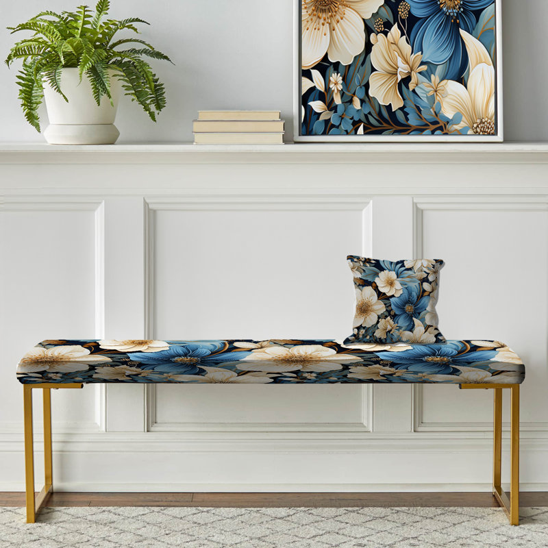 Upholstered Gold Bench, Blue And White Flowers Retreat