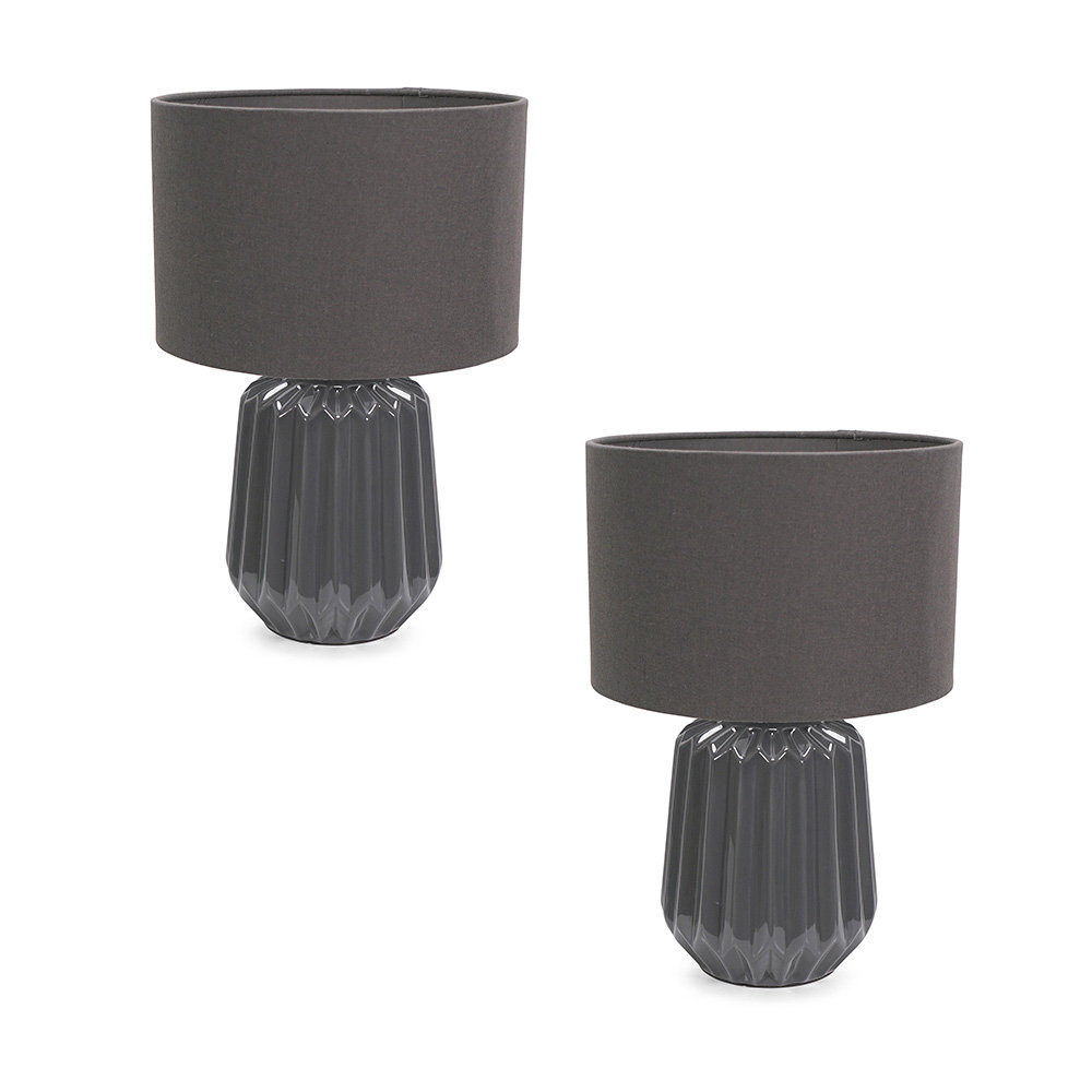 Daigen Pair of Charcoal Grey Pleated Textured Ceramic Table Lamps with Fabric Lamp Shades & LED Bulbs