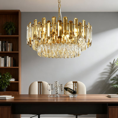 Modern 3-Tier Crystal Chandelier With 12 Lights, 23.6 Inch Gold Pendant Light Fixture For Dining Room, Living Room, Foyer, Adjustable Height & Dimmable
