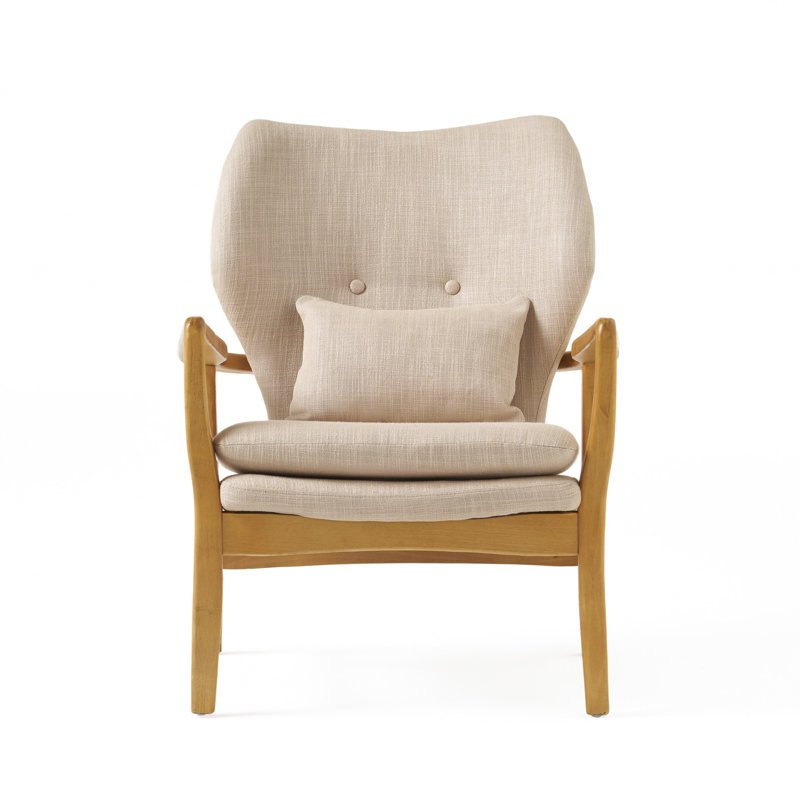 Fauteuil d'appoint rembourré avec coussin décoratif et bois de bouleau Amantha, Mélange de polyester beige