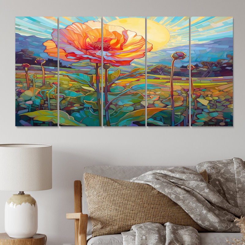 Radiant Chrysanthemum In Field At Sunset - Chrysanthemums Wall Decor - 5 Equal Panels