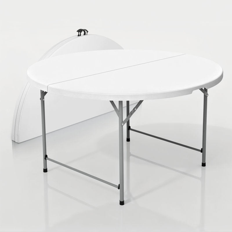 Round Foldable Plastic Table Collapsible Circular Steel Frame with Carry Handle, 29.5" H x 48" L x 48" D, White