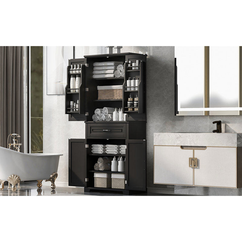 Armoire de rangement réglable pour salle de bain avec portes et tiroir en noir - Tablette, tablette, dispositif de basculement pour