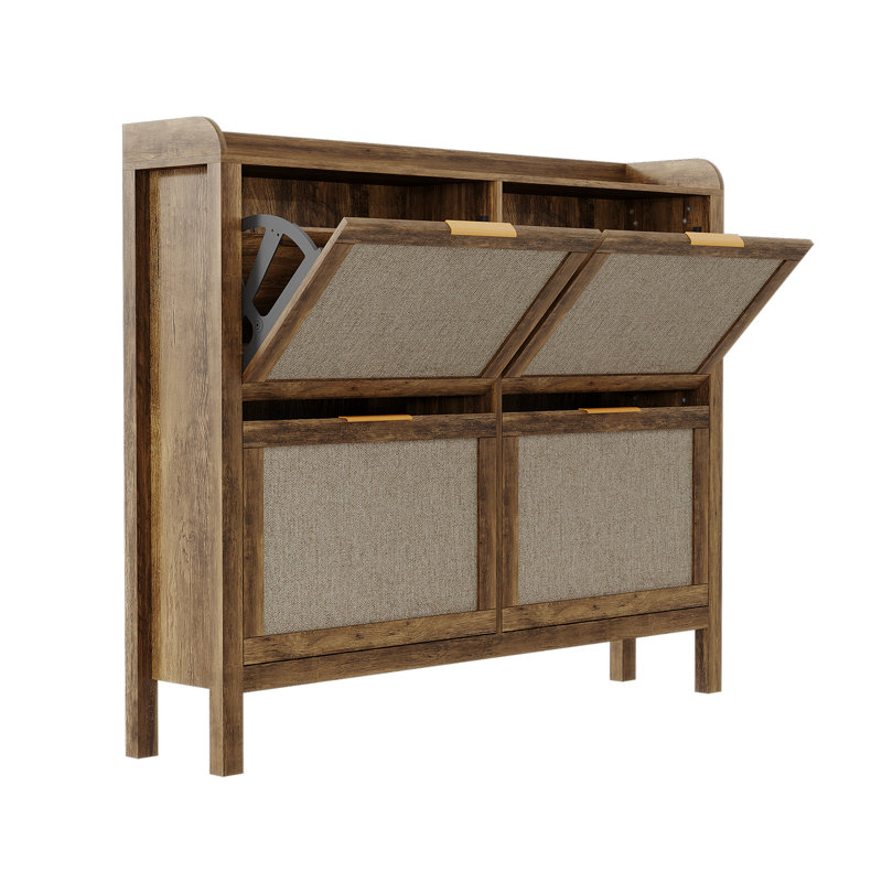 Modern Farmhouse Rattan Shoe Storage Cabinet – 47" Freestanding Organizer with 4 Turnover Drawers, Adjustable Shelves, Narrow Hallway Shoe Rack, Holds Up to 40 Pairs, Brown