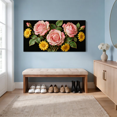 Roses roses et marguerites jaunes, reproduction d'art sur toile tendue sur toile, ensemble de 1