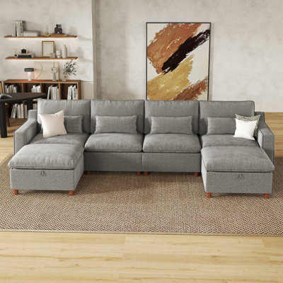  134'' Modern Chenille U-Shaped French Seam 4 Seats Modular Sectional with 2 Storage Ottomans