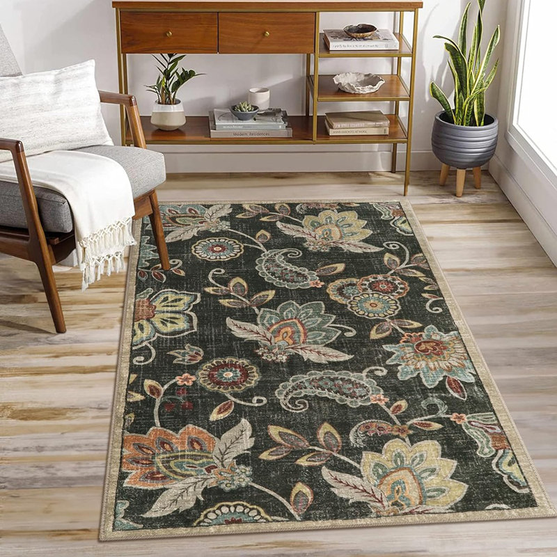 Floral Washable Rugs, Brown Throw Rugs For Bedroom No...