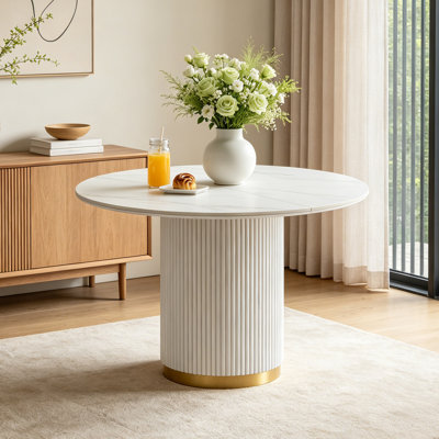 Table de salle à manger ronde de 41,3 po avec plateau en pierre frittée et base cannelée en bois, table de salle à manger de cuisine circulaire moderne pour le salon, la cuisine