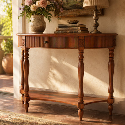 Velmont 45.3" Half Moon Console Table with Drawer & Bottom Shelf, Solid Wood Fluted Entryway Sofa Table with Roman Column Legs, Curved Accent Table for Hallway Living Room