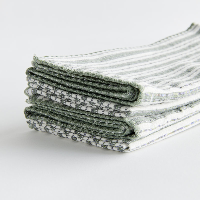 Ensemble de serviettes de table en coton vert verdoyant Olenna Feuille 5, Bordure bouclée, À rayures