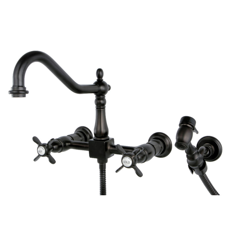 Kingston Brass Essex Double-Handle Wall-Mount Bridge Kitchen Faucet, Without Side Spray, Matte Black, Cross