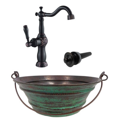 15 Round Copper Vessel Bath Sink Exterior, Matching Faucet & Drain