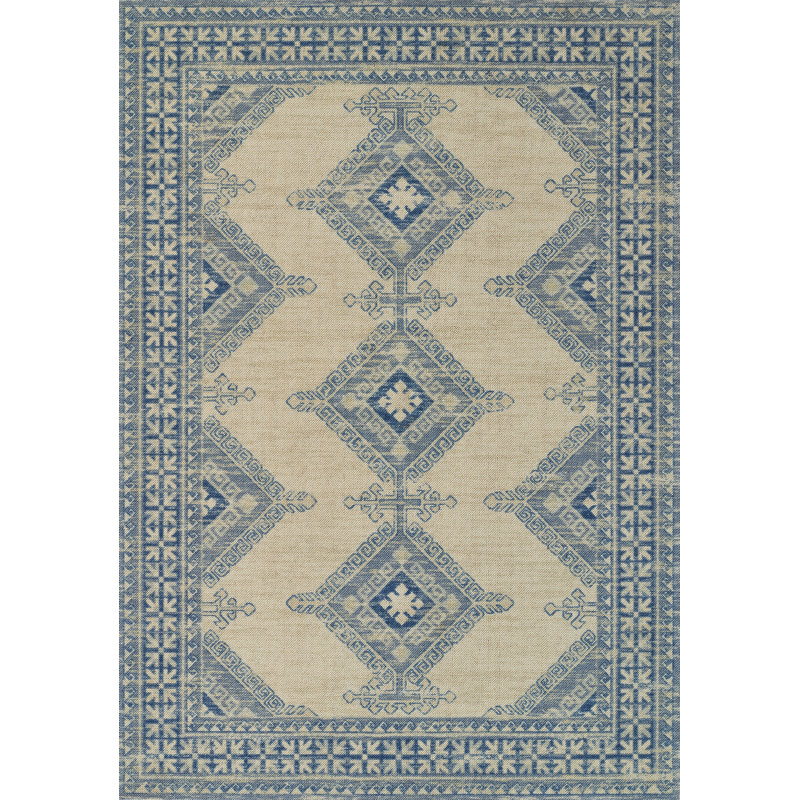 Tapis oriental bleu / ivoire en nylon tissé à la machine Aldona, Rectangle 5 pi 3 po x 7 pi 6 po