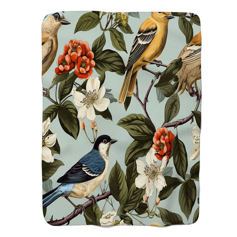 Feathered Florals - Couverture sherpa de qualité supérieure 1 pièce, Lit simple