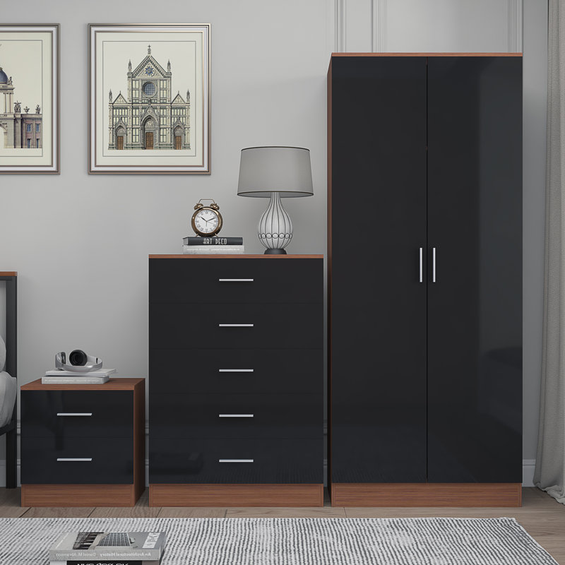 Eva Piece Bedroom Set, Black Gloss / Walnut