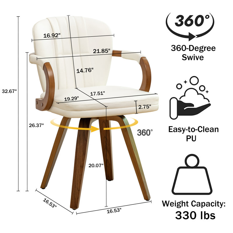 Modern Faux Leather Swivel Office Chair with Bentwood Back, Wood Legs, Fixed Arms, and Cushioned Seat for Home Office, Study Room, or Conference Room
