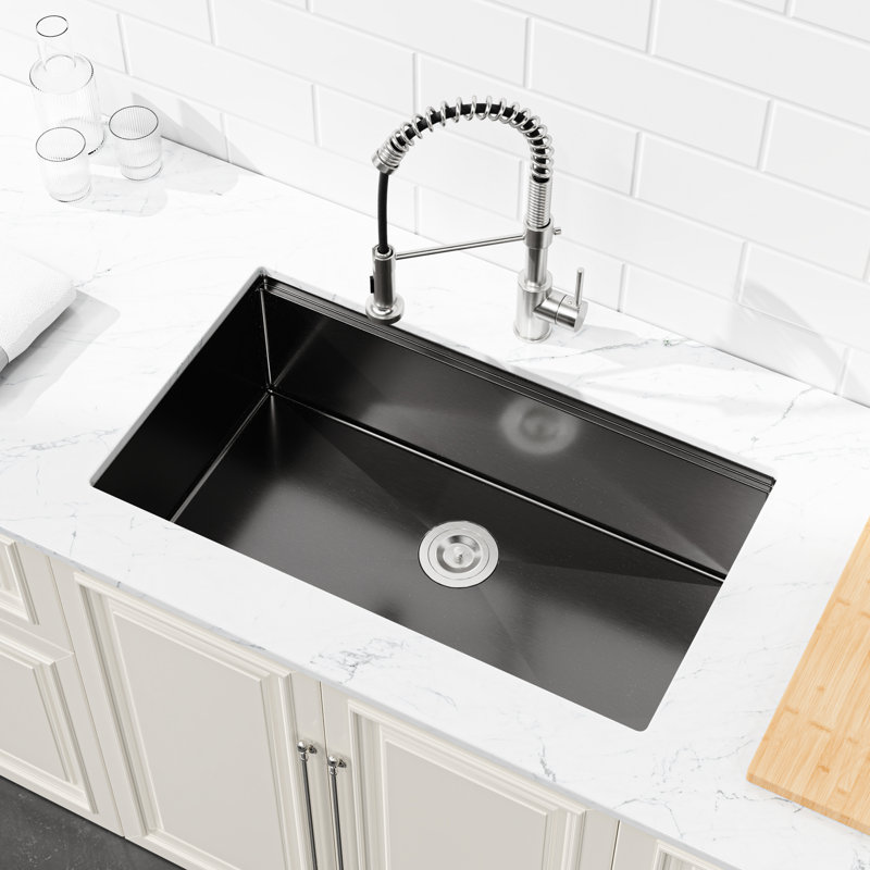 Black Undermount Kitchen Sink 30"X19", Stainless Steel With Practical Function & Grid Stain- Finish Drainage Basket, 20-Gauge