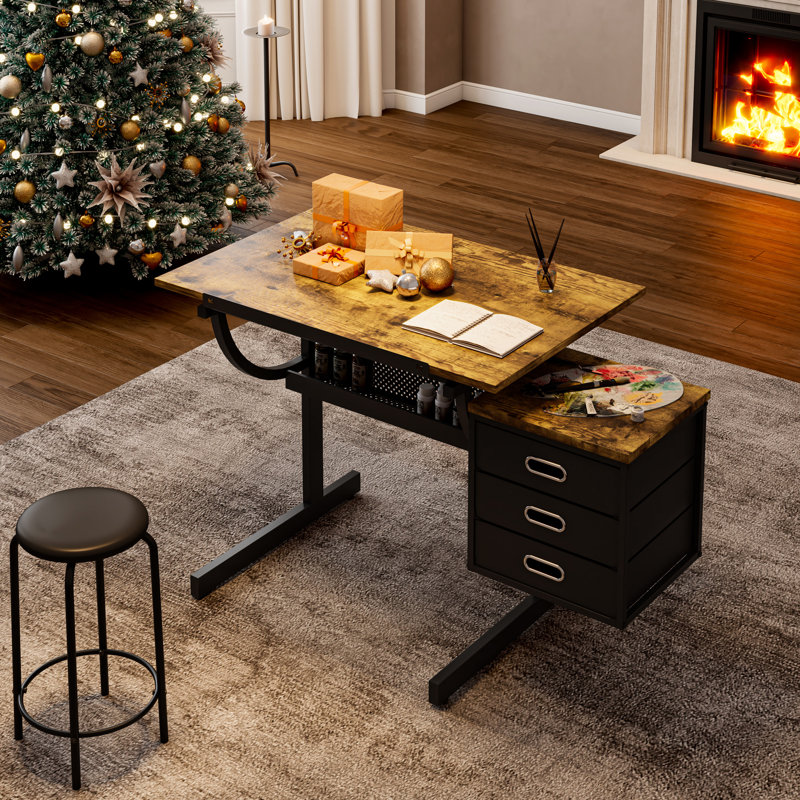 Black Metal Drafting Table With Stool And Painting Tools Storage Adjustable Desk Craft Materials