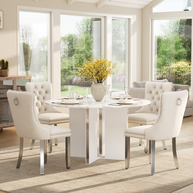 Table de salle à manger moderne de 47 po de largeur, table ronde en bois avec texture de marbre pour salle à manger