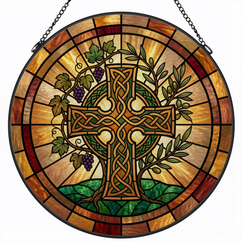 Celtic Cross Stained Glass Window Panel，7.8H, 7.8"H