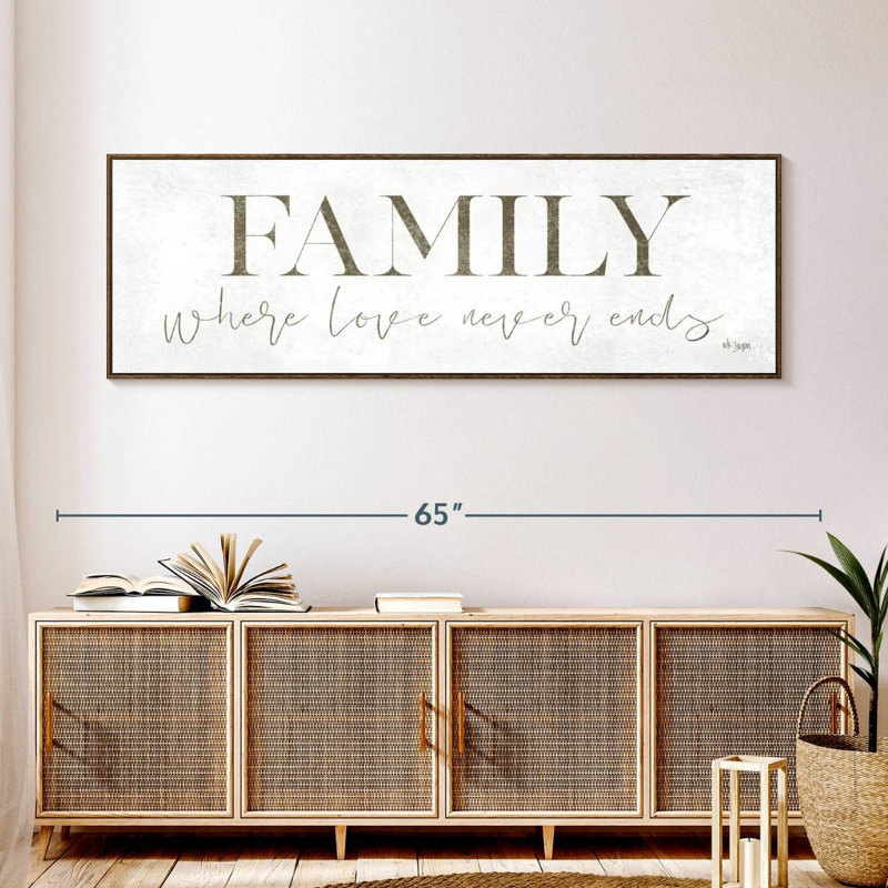 Plaque murale «Family Where Love Never Ends», 57" X 19", Cadre flottant noyer
