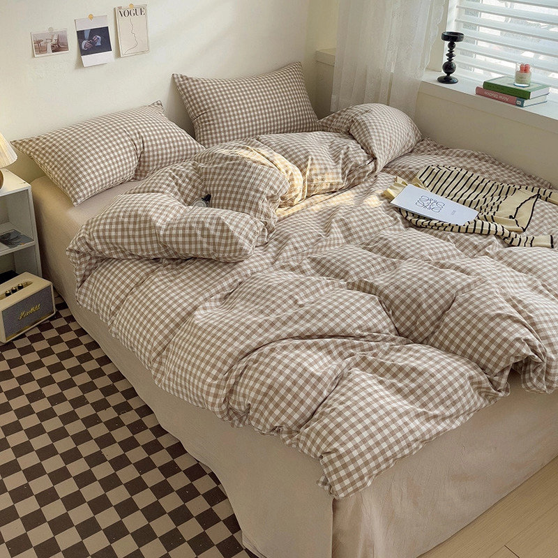 Ensemble de housse de couette en vichy à carreaux 100% coton lavé Life, Housse de couette double et 2 taies d'oreiller
