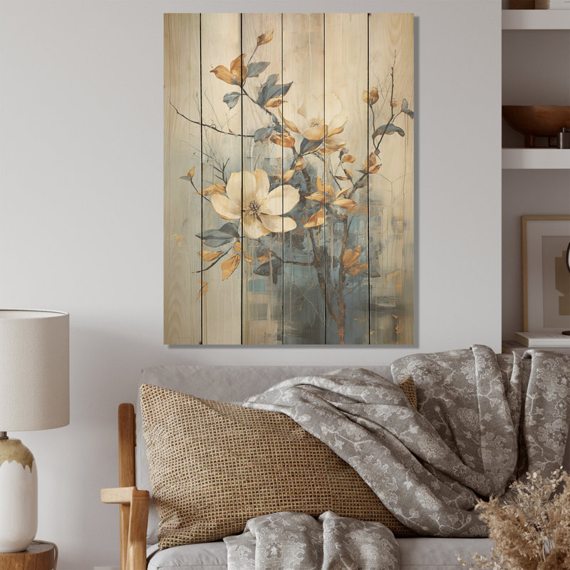 Art floral sur bois de pin naturel beige et bleu, H 20 po x l 10 po