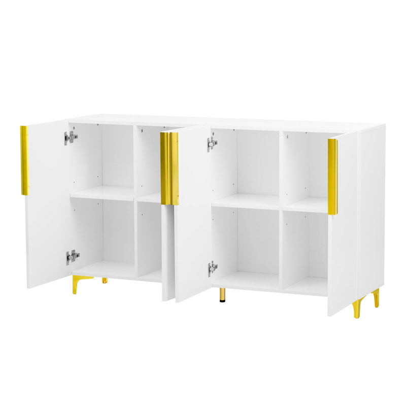 Buffet de 55 po de largeur à finition brillante avec quatre portes, tablettes réglables et pieds dorés, Blanc