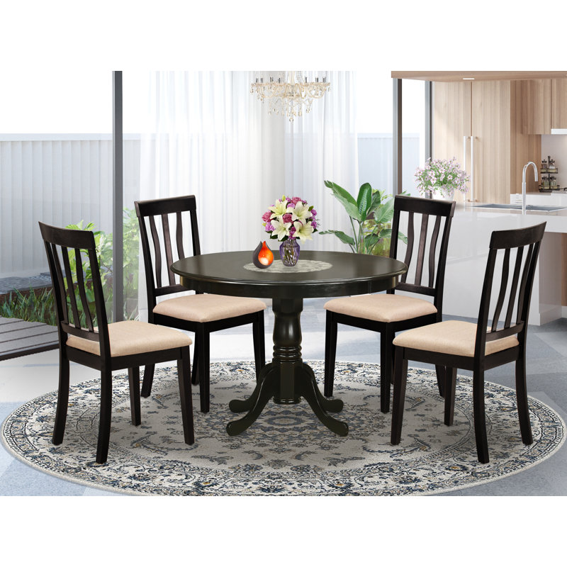 Maffra Solid Wood Top Pedestal Dining Set, 5 Pieces: 1 Table, 4 Chairs