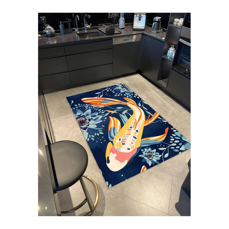Tapis décoratif bleu marine à motif de poissons Koi, Rectangle 2 pi 4 po x 4 pi