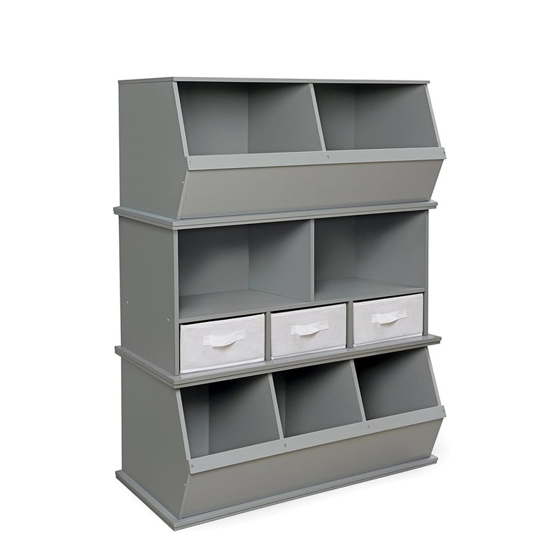 Unité de rangement modulaire à 5 tablettes - 3 bacs en tissu amovibles, fabrication à panneau solide, conception extensible pour jouets et artisanat, gris