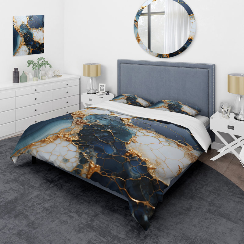 Ensemble de housse de couette Gold And Blue Marble Ink Art I - Abstract, Housse de couette pour très grand lit et 2 très 