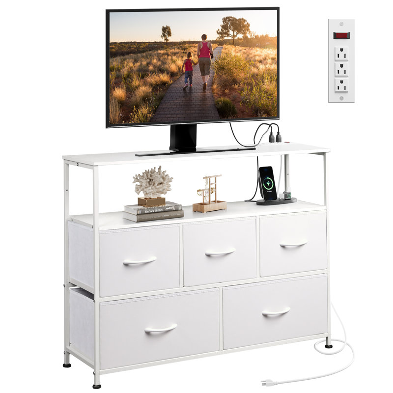 5 Drawer Dresser with Charging Station, TV Stand with Open Shelf and Power Outlet for 45'' TV, Chest of Drawers for Living Room, Closet, Entryway