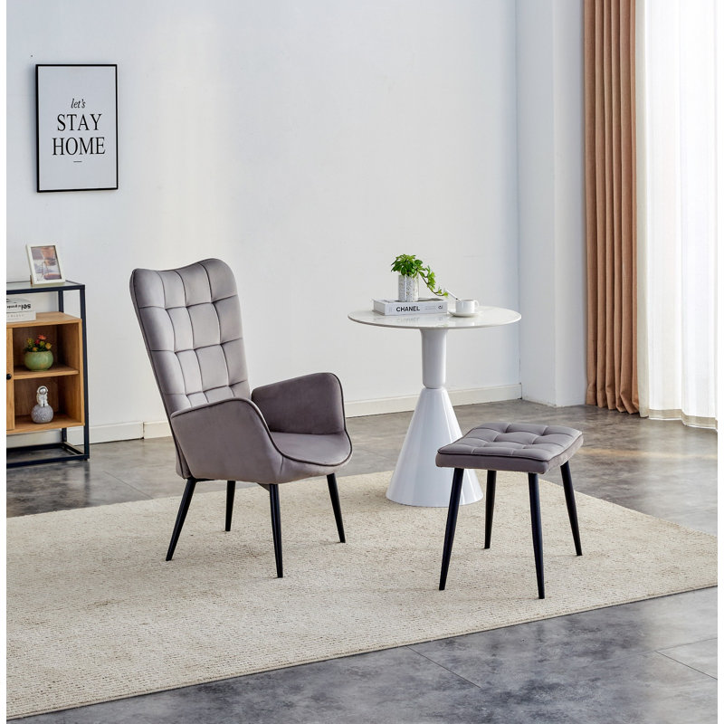 Addae Velvet Accent Chair with Footstool, Grey