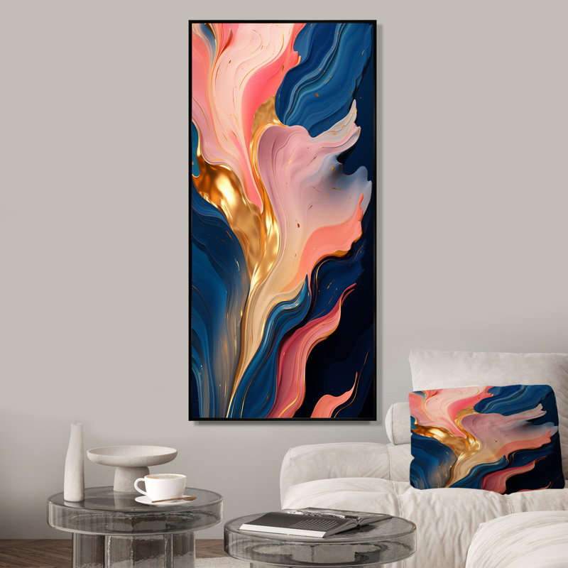 Rose et or, encre liquide Abstraction V - encre liquide, art mural abstrait, Cadre flottant noir, 40" H x 30" W