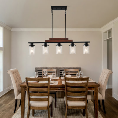 5-Light Farmhouse Industrial Island Pendant Light – Metal and Wood Chandelier with Clear Glass Shades (Bulbs Not Included)
