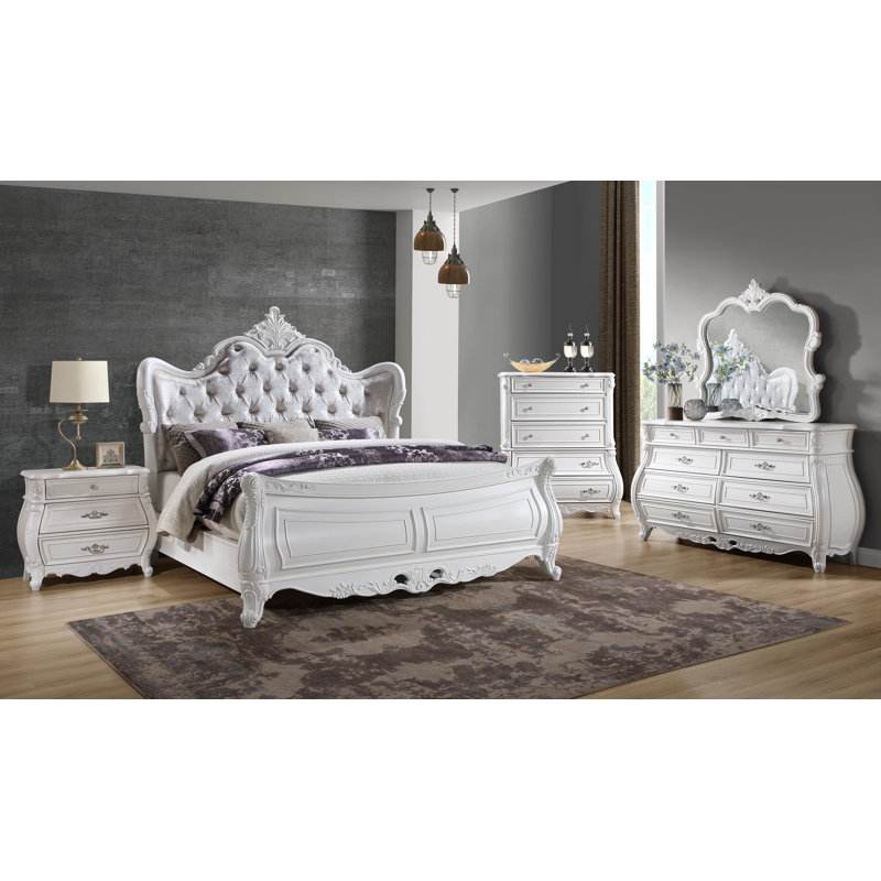 Ensemble de chambre à coucher Lasiya, Grand, 5 Pcs: Bed, 2 Dressers, Nightstand, Mirror