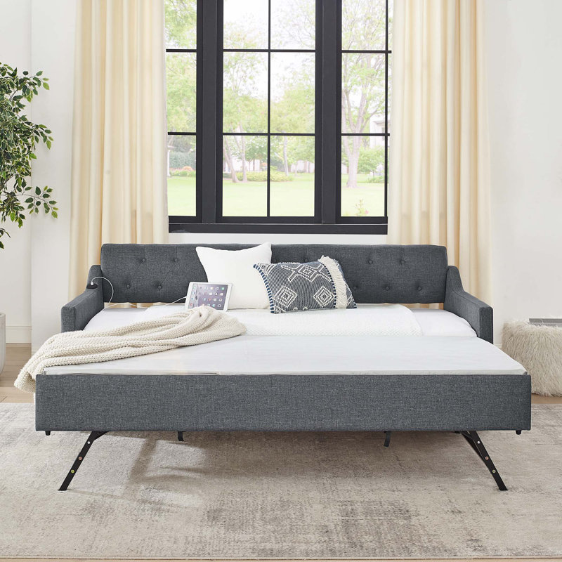 Upholstery Daybed With Twin Size Erectable Trundle And USB Charging Design, Dark Gray