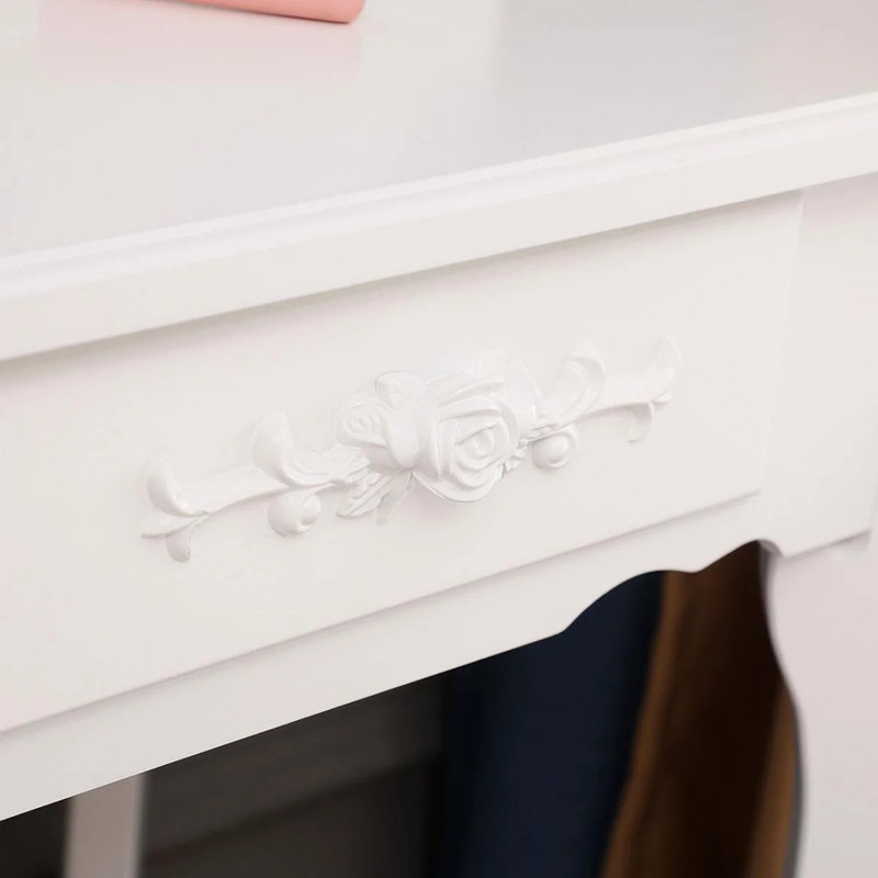 Ensemble de coiffeuse Elegant, coiffeuse en bois massif avec miroir, 4 tiroirs de rangement et tabouret assorti, ensemble de coiffeuse de chambre à coucher, blanc.