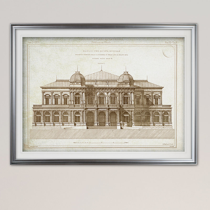 « architecture sketch i », impression, Cadre argenté, H 31 po x l 43 po x P 1,5 po, Blanc mat
