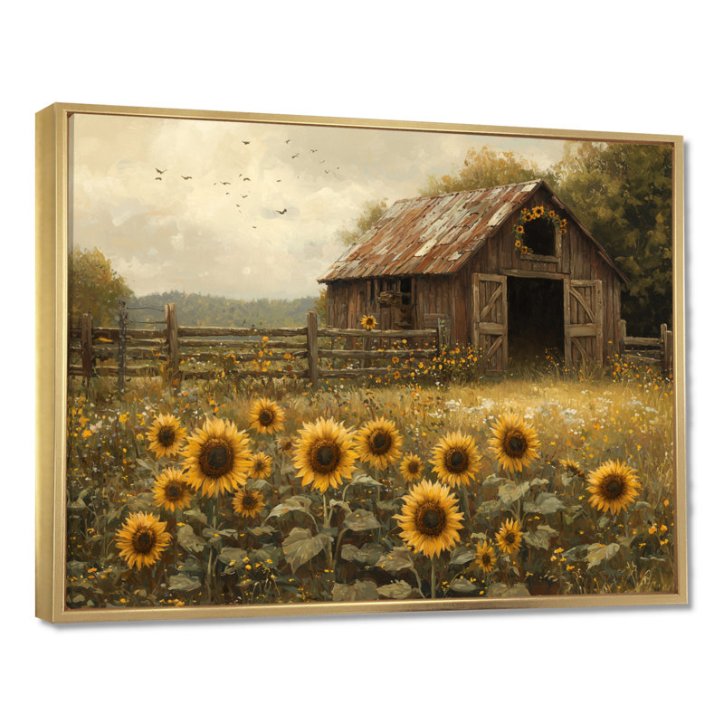 Dorit tournesols autour de l'écurie cheval I - tournesols, art mural, H 12 po x l 20 po, Impression encadrée flottante, Doré