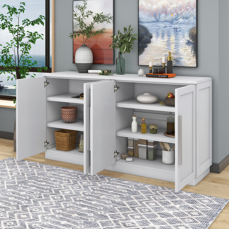 Buffet avec 4 portes, grande armoire de rangement avec tablettes réglables et armoire de salon, Blanc