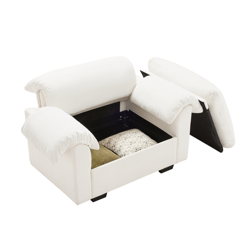 Modern Velvet Single Sofa with Storage Deep Seat Accent Chair Fluffy Armrest Pillows for Living Room, Blanc