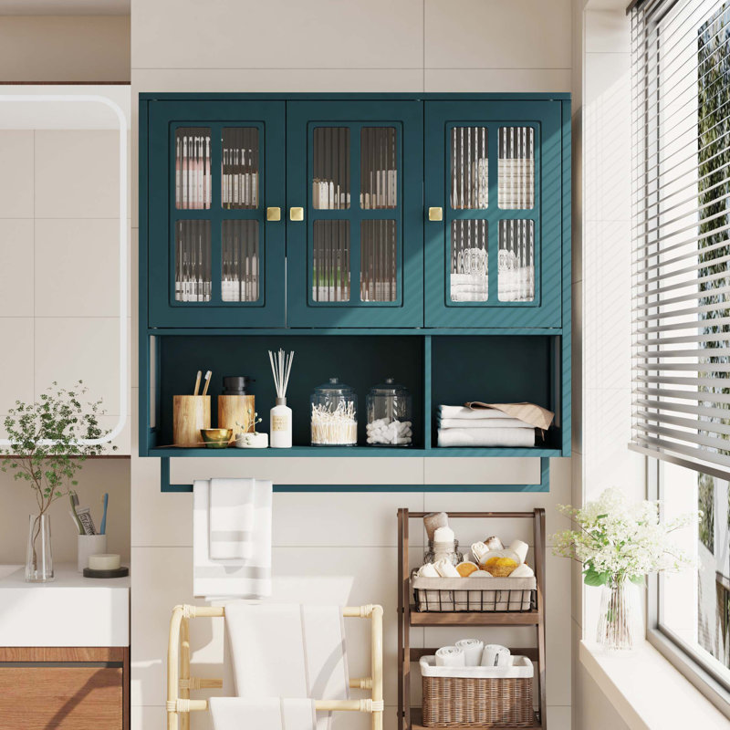 Armoire murale moderne à 3 portes avec rangement en verre et barre à serviettes