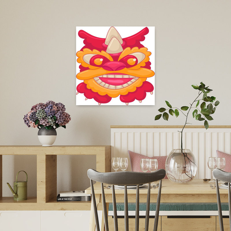 «Festive Dragon Mask», art mural traditionnel mystique et coloré, H 18 po x l 18 po