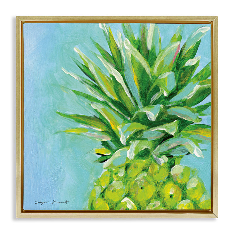 Ananas tropical sur fond bleu, Cadre flottant métallique doré, H 25 po x l 25 po